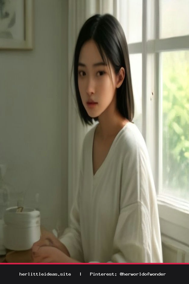 A woman with a radiant, healthy complexion in a bright, cozy room with skincare products.