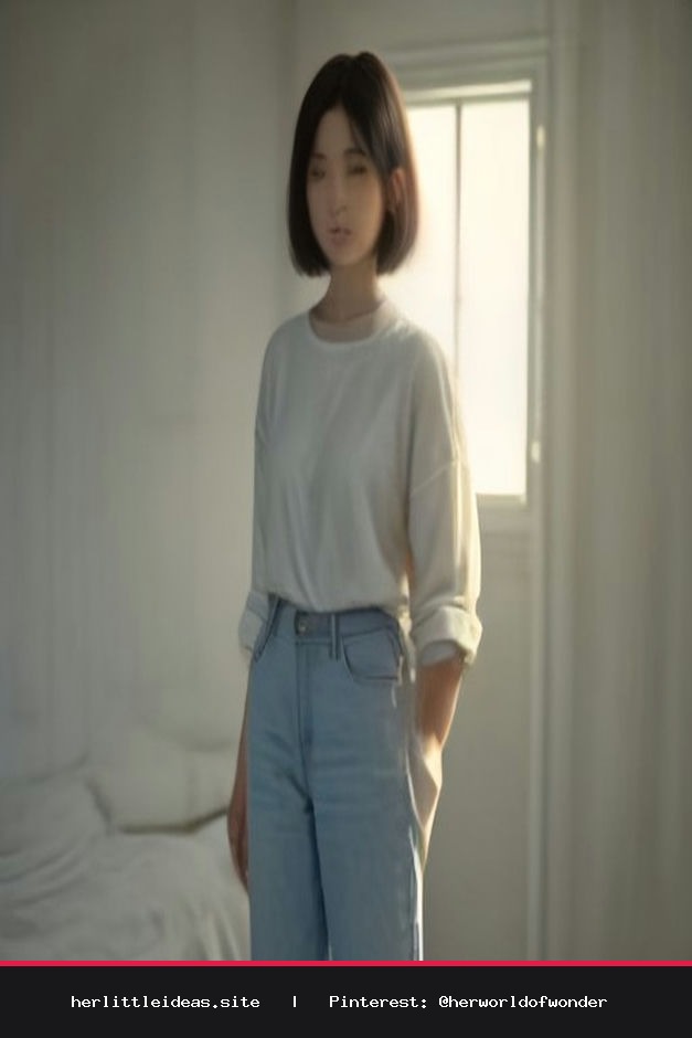 A woman wearing a white linen button-down shirt styled with a French tuck in denim jeans.