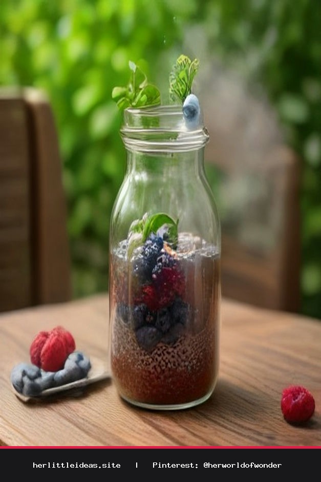 A glass jar of overnight chia pudding topped with fresh berries, sitting on a wooden table with a book and tea.