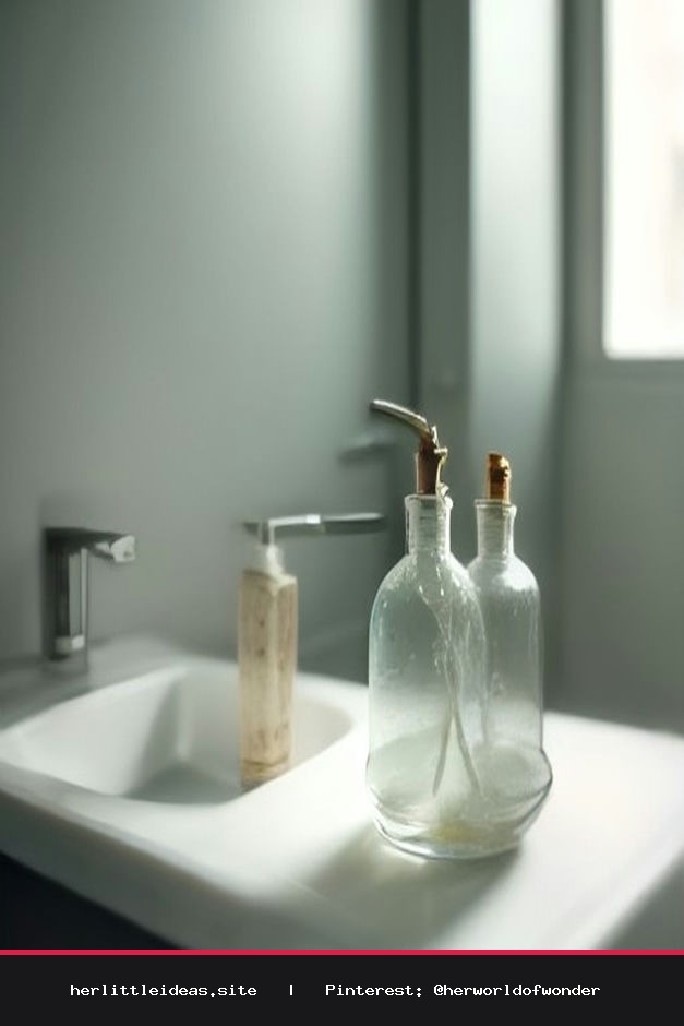 Skincare products and a glass bottle arranged neatly on a linen-draped bathroom shelf in soft morning light.