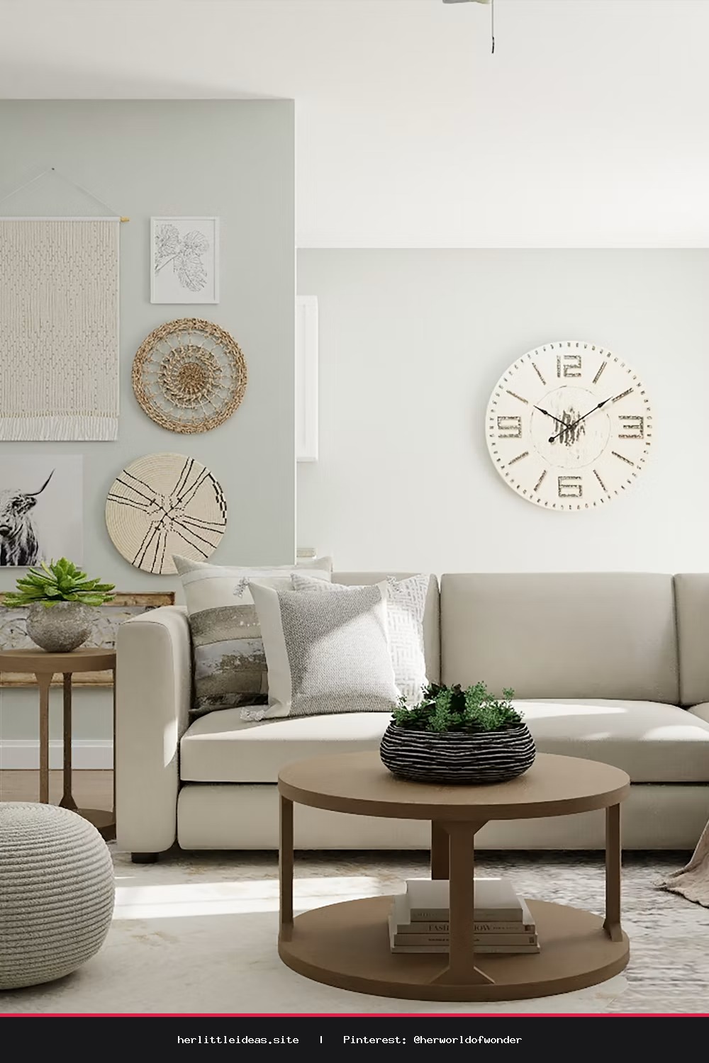 Bright Scandinavian living room with light wood furniture, woven storage baskets, and neutral linen textiles.