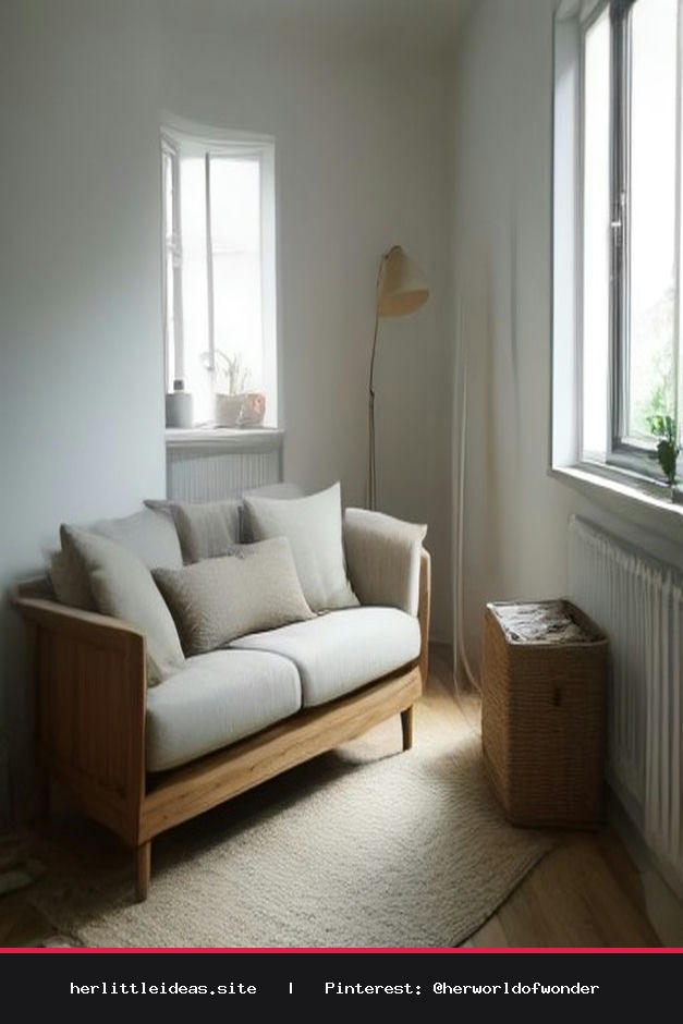 Bright Scandinavian living room with floating oak sideboard and woven basket containing a cozy knit throw.