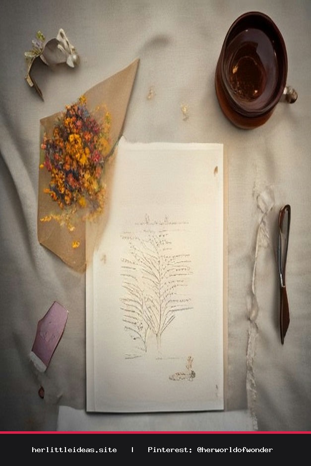 A finished pressed flower bookmark lying on a vintage book next to a cup of tea and dried flowers.