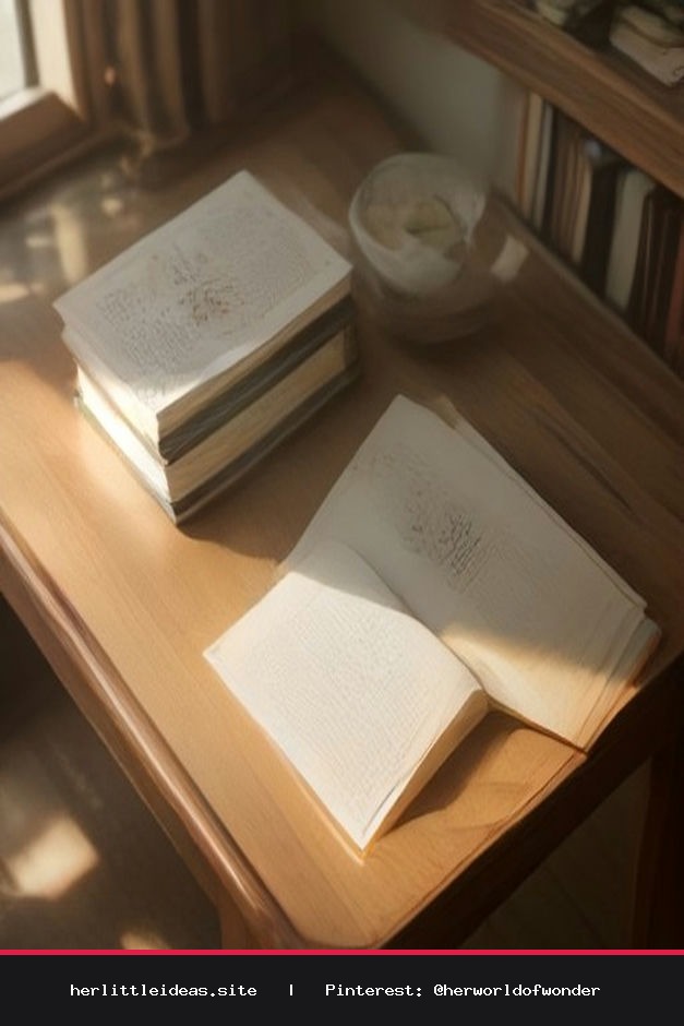 Finished pressed flower bookmarks resting on a rustic wooden table next to vintage books and drying flowers.