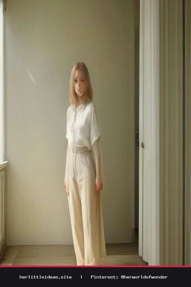 Woman wearing an oversized white linen button-down shirt tucked into beige high-waisted trousers in a sunlit room.