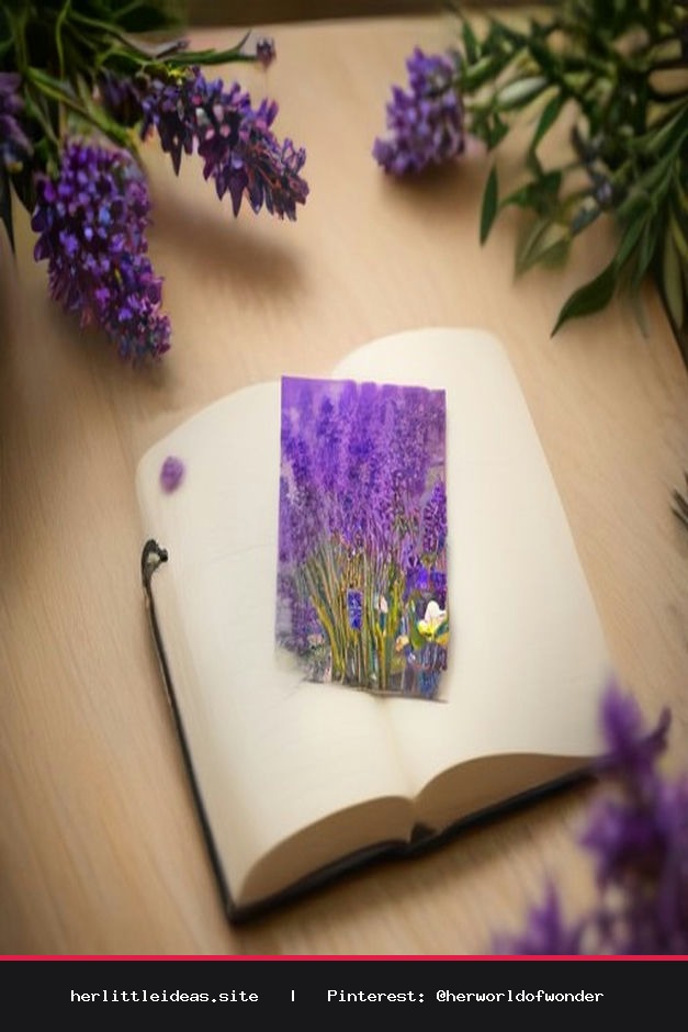 A handcrafted pressed flower bookmark with delicate pansies inside a book, surrounded by tea and flowers.