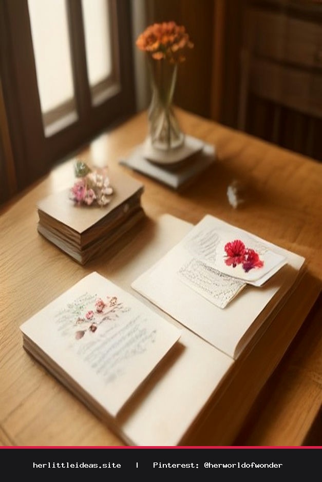 Several aesthetic handmade pressed flower bookmarks laid across an open book and wooden table beside loose dried botanicals and tea.