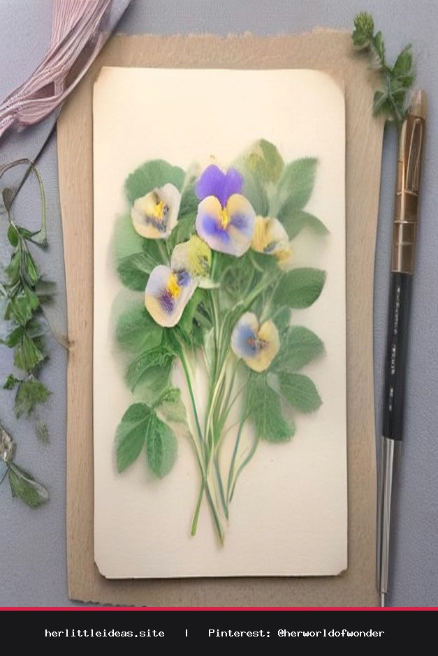 Handmade pressed flower bookmarks with dried pansies and silk ribbons arranged on a sunlit wooden tabletop next to an open book.