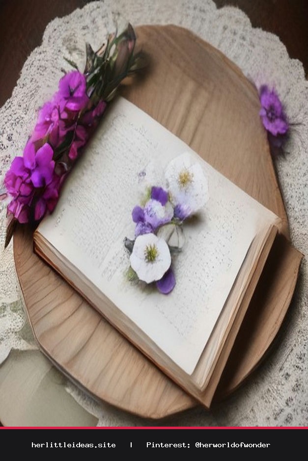 Several handmade pressed flower bookmarks with green silk ribbons lying on an open vintage book beside a ceramic mug.