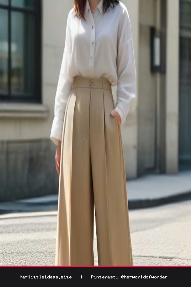 Woman wearing an oversized white linen shirt half-tucked into pleated beige trousers standing in soft sunlight.