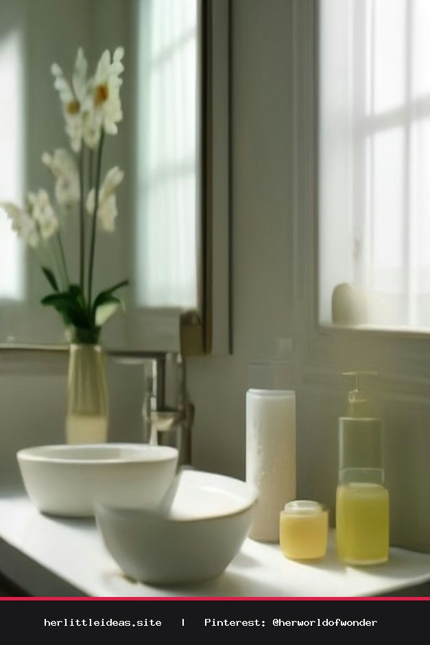 A minimalist wooden vanity featuring glass skincare bottles, a jade roller, and fresh white flowers in warm morning light.