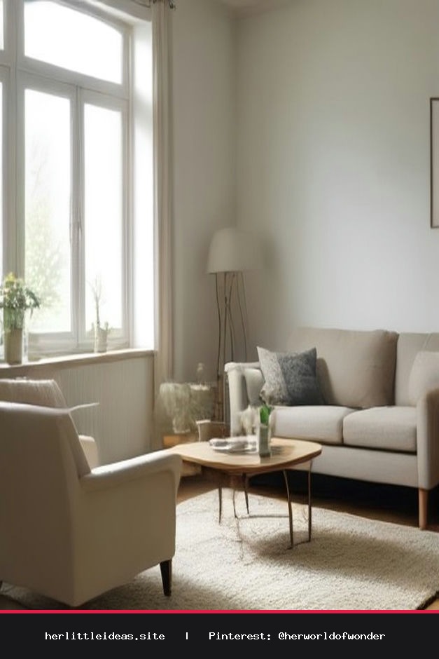 Bright Scandinavian living room featuring a cream linen sofa, light oak wood coffee table, textured rug, and large sunlit windows.