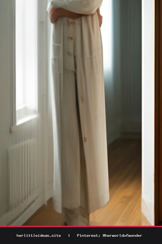 Woman wearing an oversized ivory linen shirt tucked into pleated beige trousers in a bright room.