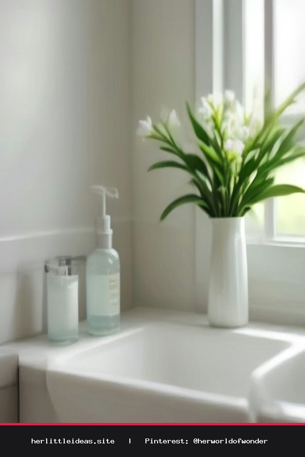 Skincare bottles with glass droppers arranged on a bathroom counter next to a white linen towel and fresh flowers in natural morning sunlight.