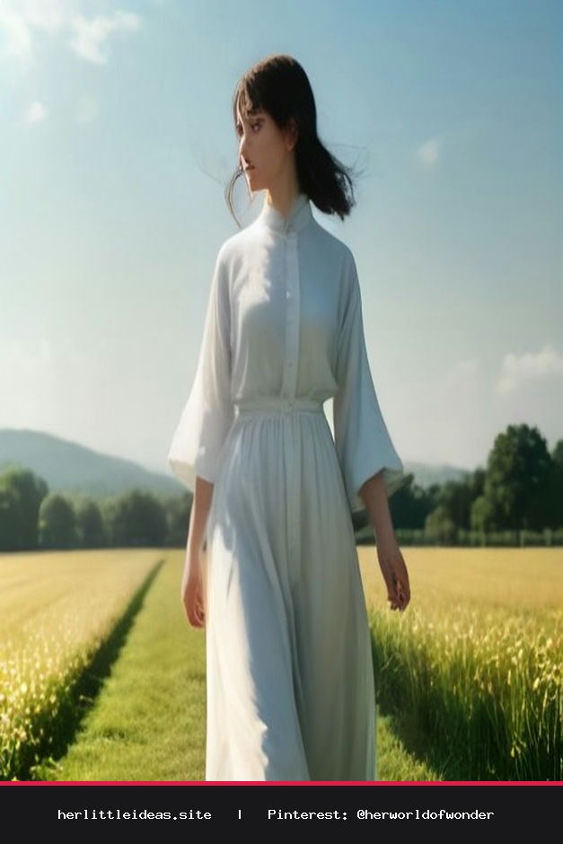 A woman wearing an oversized white linen shirt in a sunny outdoor setting.