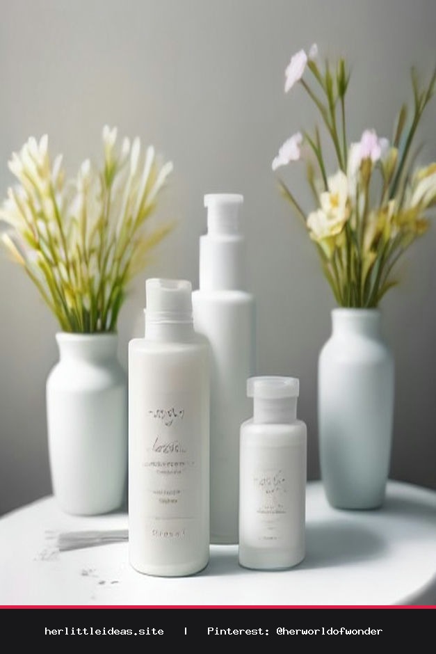 A collection of minimalist skincare bottles arranged neatly on a marble countertop with soft natural lighting.