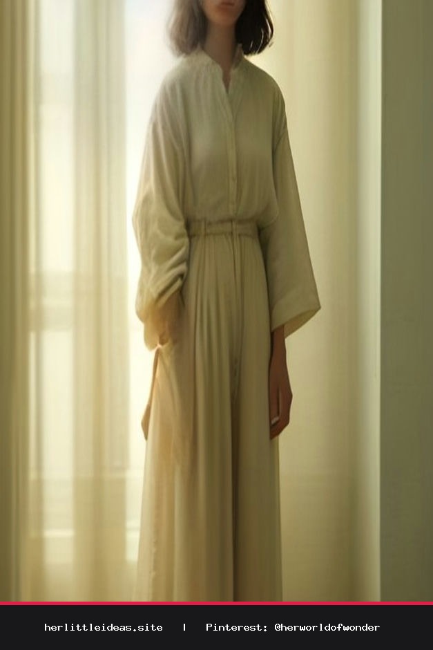 A woman wearing a relaxed beige linen button-down shirt and cream trousers in a sunlit room.