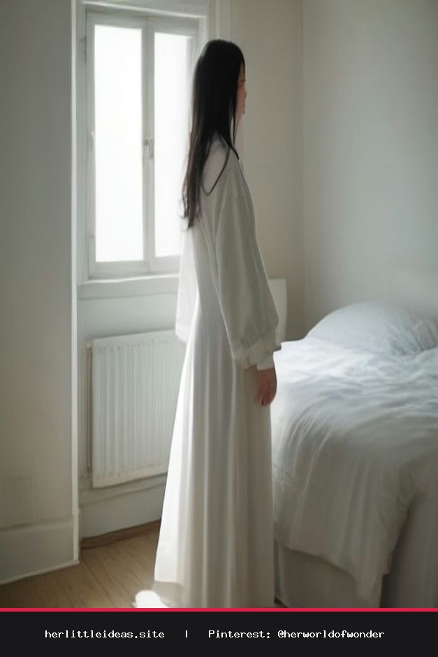 A woman wearing a white oversized linen shirt in a brightly lit, minimalist bedroom.