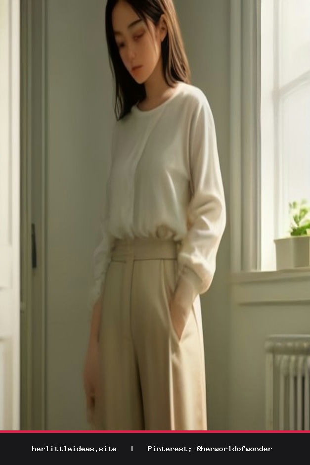 A woman styled in a white oversized linen shirt and beige trousers in a sun-drenched room.