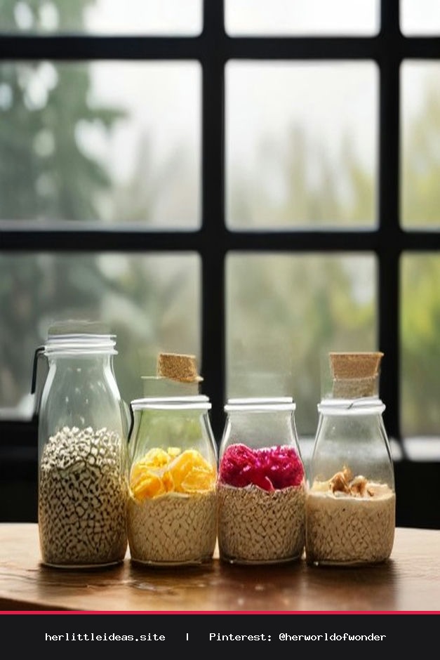 Three small glass jars filled with layered chia seed pudding topped with raspberries and sliced almonds on a rustic kitchen counter in morning sunlight.