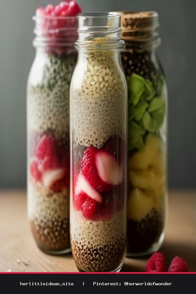 Three glass jars filled with overnight chia pudding layered with fresh berries, figs, and coconut flakes on a beige linen surface.