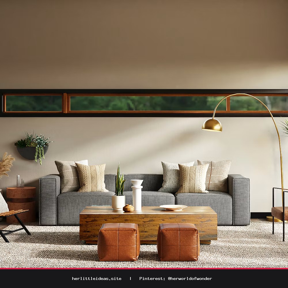 A close-up of a woven basket holding a textured blanket and a book in a minimalist living room.