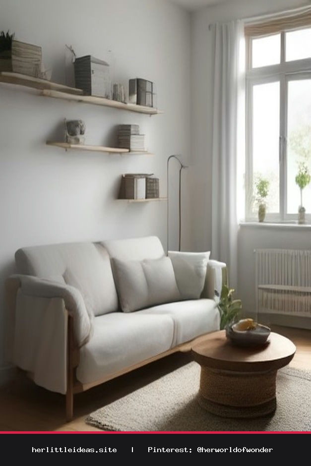 A bright Scandinavian-style living room featuring neutral tones, a cozy sofa with linen pillows, and minimalist shelving.