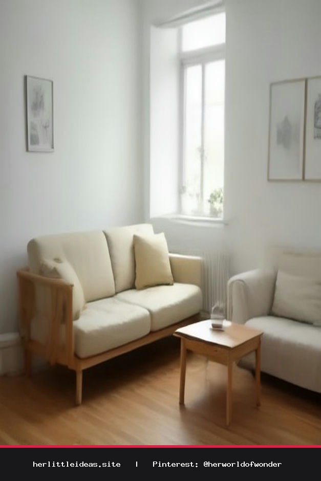 An aesthetic, minimalist Scandinavian living room with natural wood furniture, neutral textiles, and wall-mounted storage shelves.