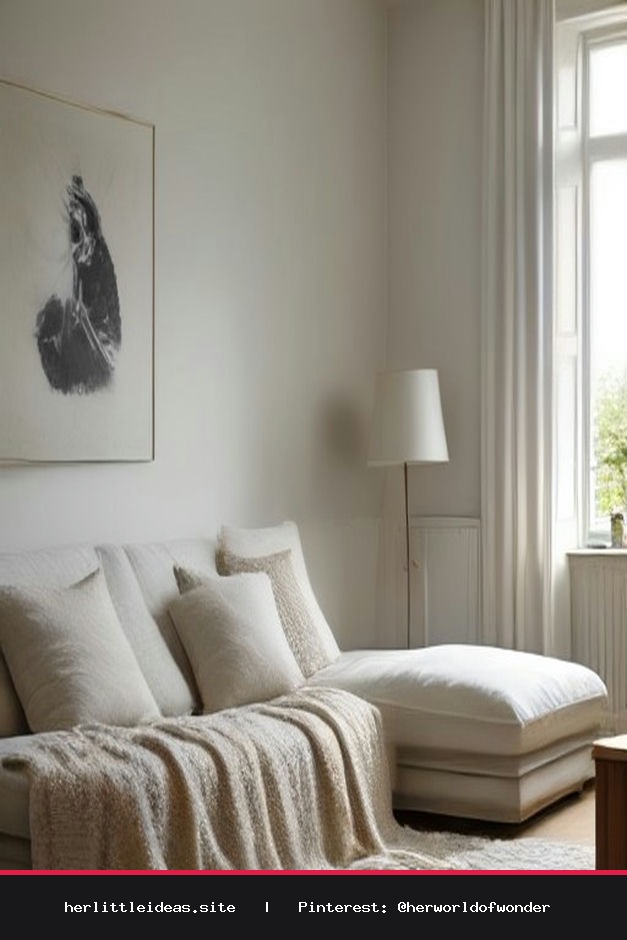 Bright Scandinavian living room with an off-white sofa, textured throws, light wood coffee table, and soft natural sunlight.