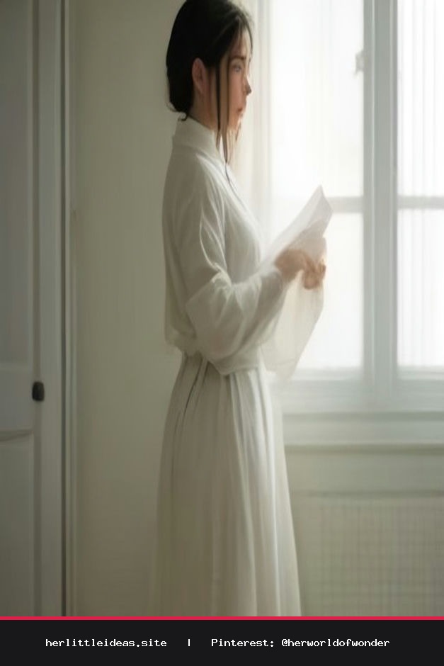 A woman wearing a relaxed white linen shirt in a brightly lit, aesthetic home environment.