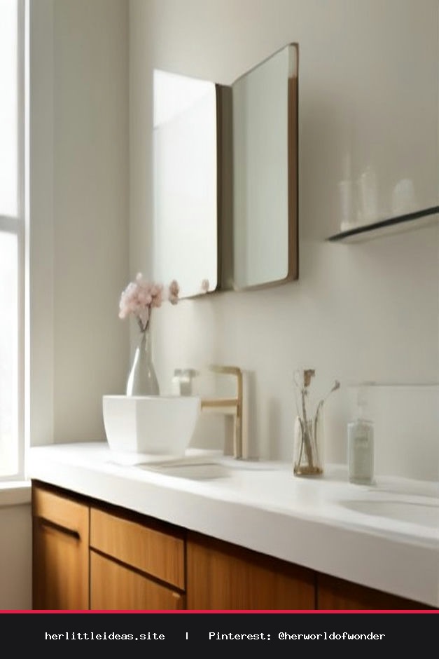 Minimalist skincare bottles, a soft linen towel, and white peonies arranged on a wooden vanity shelf in soft morning light.