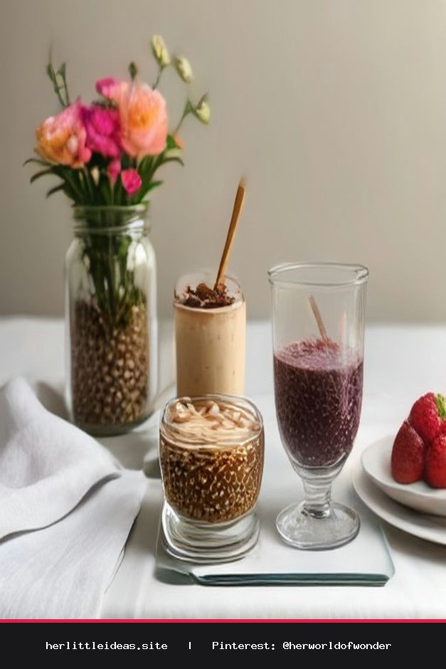 Three glass jars of prepared chia pudding topped with various fresh fruits and nuts on a linen cloth.