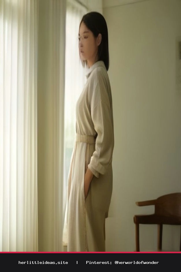 A woman wearing a beige oversized linen shirt and cream trousers standing in a bright room.