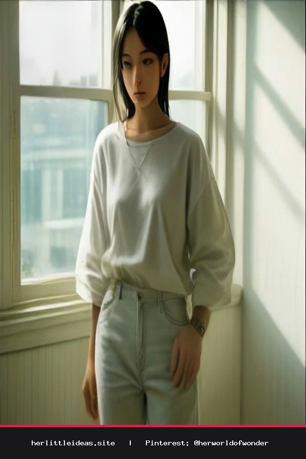 A woman wearing a crisp oversized white linen shirt with the sleeves rolled up, standing in a bright, airy room.